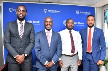 L-R-Aaron Akampa HeadEnterprise Banking Stanbic Bank,Israel Arinaitwe-Head Personal Banking-Stanbic Bank,Yiga Albert-Head Education Sector- Stanbic Bank,Dogo Singh-Bancassurance Manager-Stanbic Bank