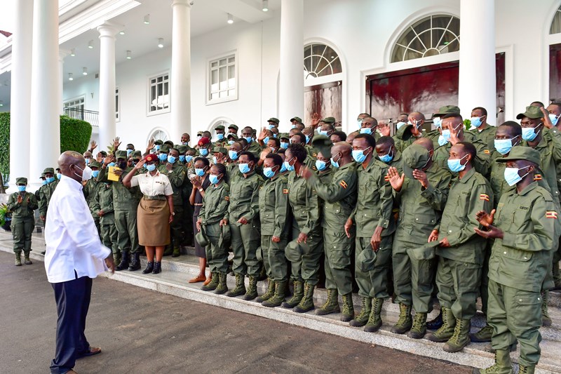 President Museveni interacts with some of the scientists after giving them an opportunity lecture at State House Entebbe on Wednesday. PPU Photopics